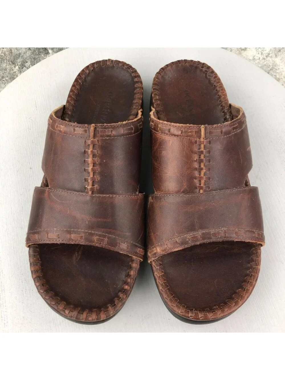 Ocean Pacific Men's 9 Karma Brown Leather Open Toe Boho Jesus Sandals BRAZIL